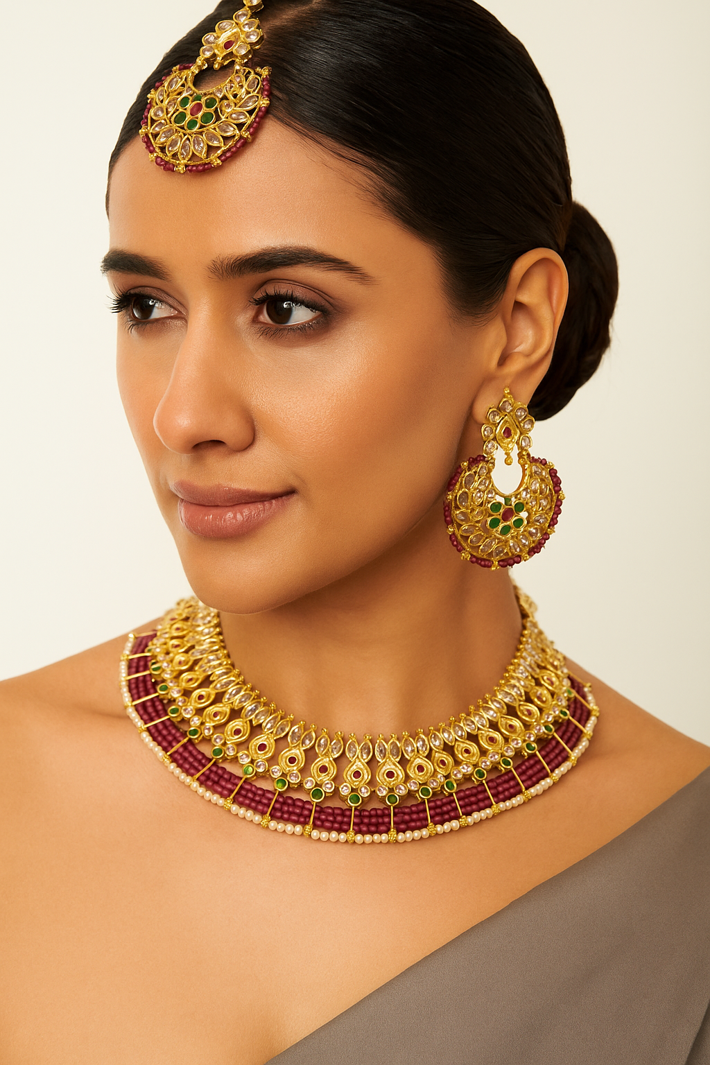 Royal Kundan Bridal Necklace Set with Ruby Bead Detailing